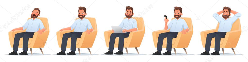 Happy bearded man sits in a chair. Businessman sleeps, works at a laptop, reads news in a smartphone, rejoices. Freelancer. Vector illustration in cartoon style