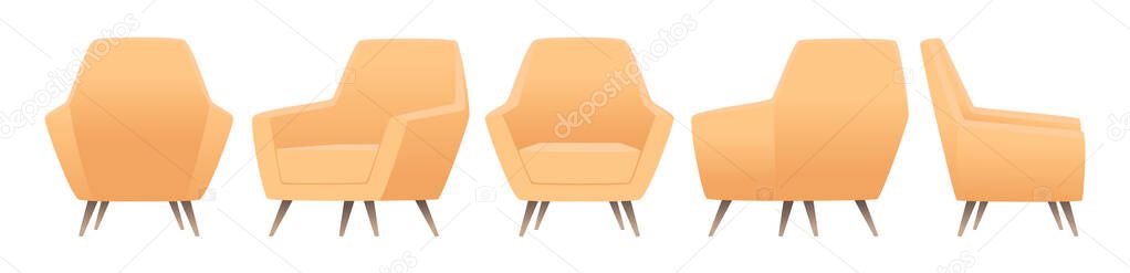 Yellow armchair in modern style from different angles. Front, side and back views. Vector illustration in cartoon style