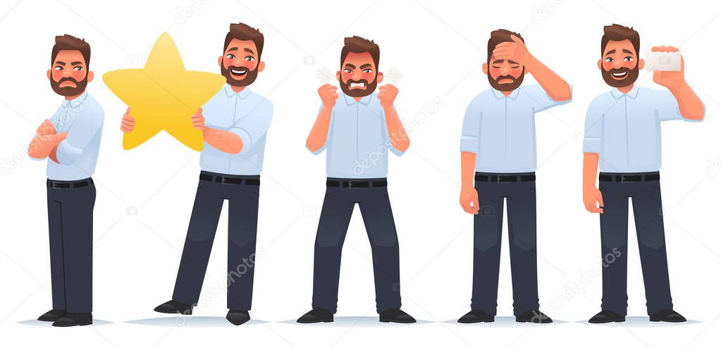 Set of character man. A businessman with a feeling of envy, with a star and evaluates the work, an angry guy, tired, shows a business card. Vector illustration in cartoon style