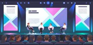 Konferans ya da forum. Sahnedeki panelistler toplantının konusunu büyük bir konferans odasında tartıştılar. Hoparlörlerin uzmanlarının katılacağı bir etkinlik. Düz biçimli vektör illüstrasyonu