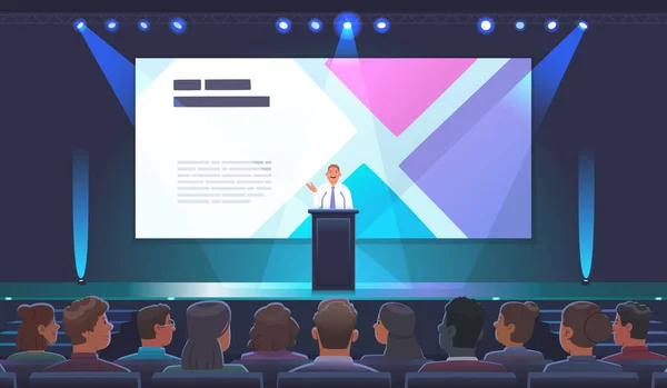 Чоловік Говорить Подіумом Промовою Презентації Великій Конференц Залі Повній Глядачів — стоковий вектор