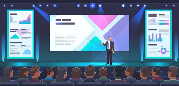 公司产品的会议或展示 男演说家站在舞台上介绍新的项目或报告 有观众的大会议室 平面样式的矢量图解 — 图库矢量图片