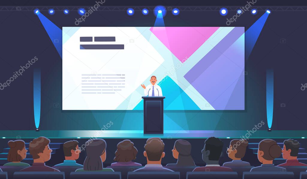 A male speaker speaks behind the podium with a speech at a presentation in a large conference room full of spectators. A politician or businessman, a teacher giving a speech at an international forum. Vector illustration in flat style