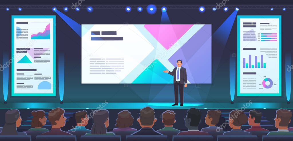 Conference or presentation of a company's product. A male speaker stands on stage and presents a new project or report. Large meeting room with spectators. Vector illustration in flat style