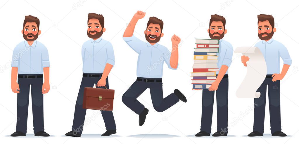 Set of character a businessman in different situations. The man is shocked, goes to work, happy and jumped, deadline, holding a list. Vector illustration in cartoon style