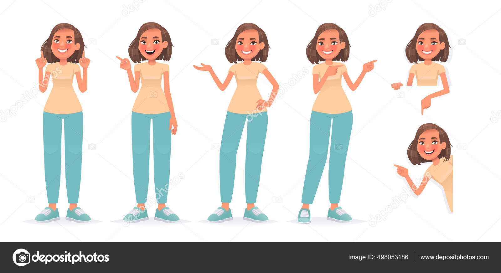 Sett Med Karakterkvinne Som Peker Med Fingeren Ulike Retninger Opp  stockvektor © lexam165.gmail.com #498053186, image size:1600x872