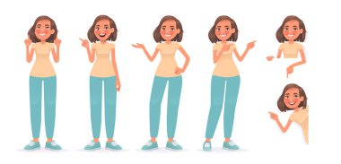 Set of character woman pointing her finger in different directions, up, down, to the side. The girl shows something and peeps. Vector illustration in cartoon style vector Set of character woman pointing her finger in different directions, up, down, to the side. The girl shows something and peeps. Vector illustration in cartoon style vector