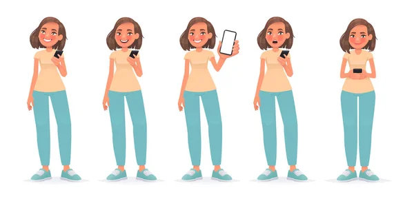 Σύνολο Χαρακτήρα Της Γυναίκας Smartphone Κορίτσι Χρησιμοποιεί Τηλέφωνο Σκέφτεται Χρησιμοποιεί — Διανυσματικό Αρχείο