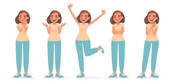 Juego Personajes Mujer Feliz Linda Chica Regocijo Sorprendido Saltando Con — Vector de stock