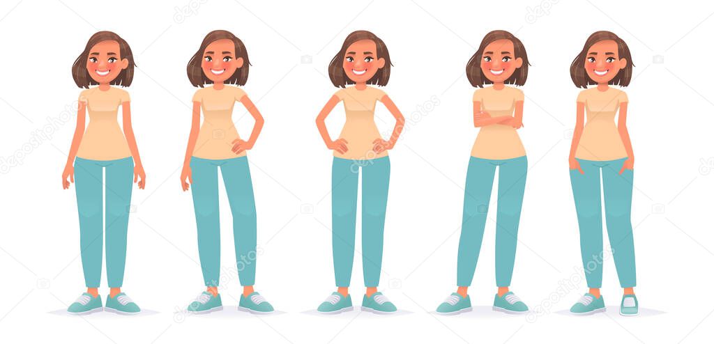 Set of character of cute woman in casual clothes in different poses. Happy girl on a white background. Vector illustration in cartoon style