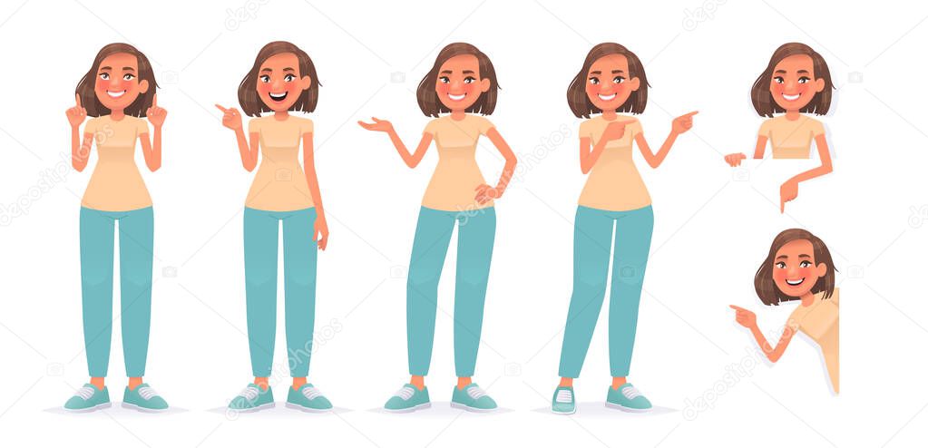 Set of character woman pointing her finger in different directions, up, down, to the side. The girl shows something and peeps. Vector illustration in cartoon style