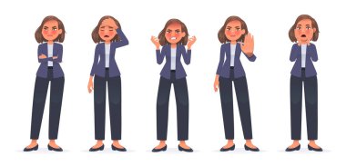 Karakter sahibi bir kadın grubu olumsuz duygular ifade ediyor. Memnun değil, kızgın kız. Baş ağrısı, jesti durdur, şok, korku, stres. Çizgi film tarzında vektör illüstrasyonu