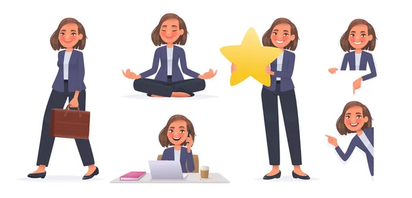 ビジネスウーマンのキャラクターセット 女の子は仕事に行き 瞑想し デスクトップで仕事をし レビューや評価を保持し 側面と下を指し 外を見ています 漫画風のベクトルイラスト — ストックベクタ