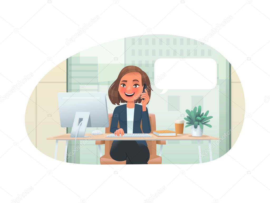 Business woman, entrepreneur or company employee sits at desktop PC and talks on the phone in the office. Vector illustration in cartoon style