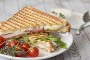 peynir jambon ve ahşap arka plan üzerinde izole tost ile taze lezzetli sandviç