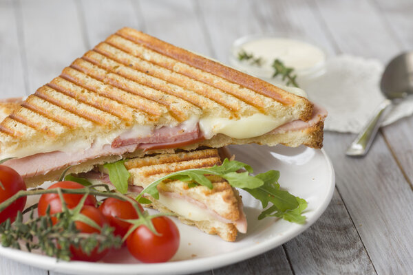 fresh tasty sandwich with cheese ham and toast isolated on wood background