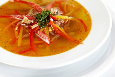 Beyaz arka plan üzerinde sebze taze tavuk çorbası