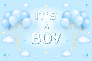 Bu bir erkek kartı, vektör illüstrasyonunda bir oğlan ve mavi arka planda bir demet mavi balon, kalpler, bulutlar ve renkli dekor unsurları, düzenlemek zevkli.