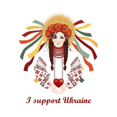 Ukrayna 'yı destekliyorum. Saçları örgülü, buğday kulaklı, kırmızı gelincikli ve kurdeleli Ukraynalı güzel esmer.