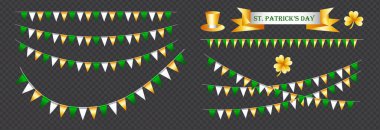 Aziz Patrick Günü illüstrasyon seti, yeşil, altın ve beyaz bayrak koleksiyonu, leprikon şapka, şeffaf arkaplanda dört yaprak yoncası ve yonca