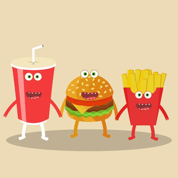 Ícones de desenhos animados de hambúrguer, Cola e batatas fritas . — Vetor de Stock