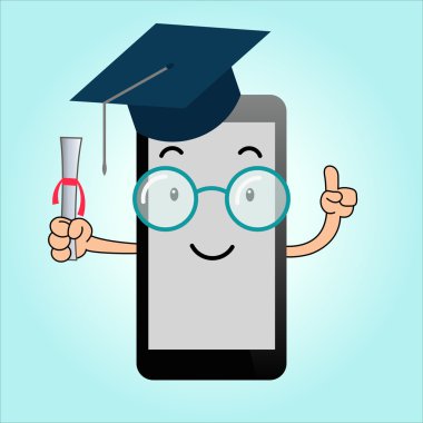 Düz vektör karakter smartphone kare akademik kap, mobil öğrenme için kavramı ile