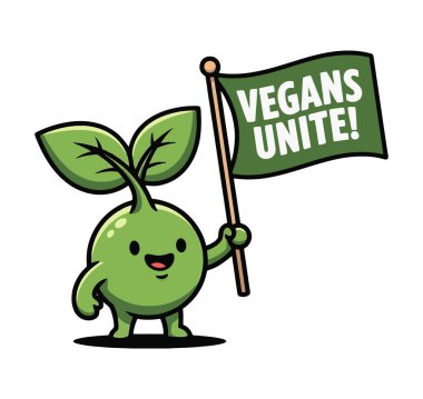 Vejetaryen bayrağı taşıyan sevimli bitki karakterinin vektör sanatı.