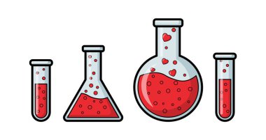 İki test tüpü, bir Erlenmeyer şişesi ve bir yuvarlak dipli matara dahil olmak üzere dört parça cam laboratuvar malzemesi. Hepsi de içinde küçük kabarcıklar olan kırmızı bir sıvı bulunan saf bir w 'ye karşı sunuluyor.