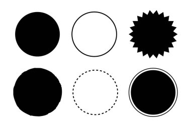 Altı siyah beyaz daire ve yıldız patlaması şekilleri.