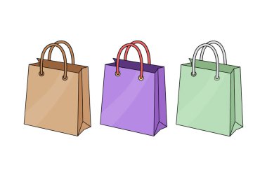 Saplı üç renkli kağıt alışveriş torbası düzgünce beyaz arka arkaya sergileniyor.