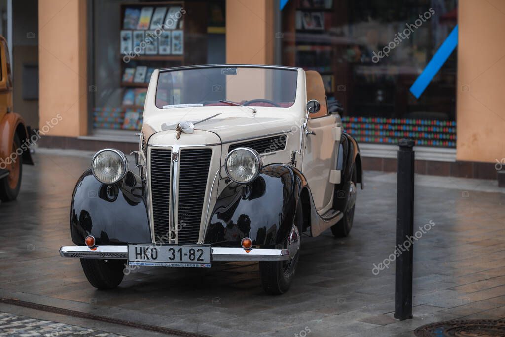 Hradec Kralove, Czech republic - September 6, 2025: Czechoslovak Praga cars, prewar era.. Public exhibition of classic cars and motorcycles. . Vintage European and american cars collection.