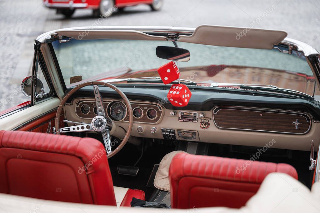 Hradec Kralove, Czech republic - September 6, 2025: Ford Mustang from 1965. Public exhibition of classic cars and motorcycles. . Vintage European and american cars collection.