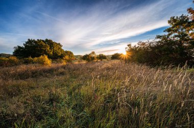 Beautiful autumn sunrise by a rural pond.