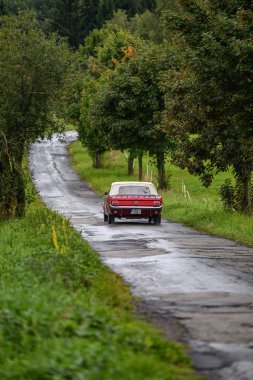 Orlicke hory, Çek Cumhuriyeti - 6 Eylül 2025: 1965 'ten Amerikan Ford Mustang. Antika araba ve motosikletler Çek kırsalında seyahat ediyorlar. Klasik araba buluşması..