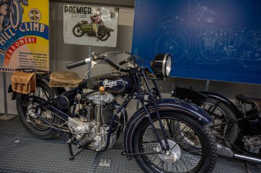 Prague, Czechia - October 14, 2025: The Praga BD 500 motorcycle is an iconic pre-war Czechoslovak motorcycle, known for its advanced four-stroke single-cylinder DOHC engine and reliability. It was produced from 1929 to 1933.