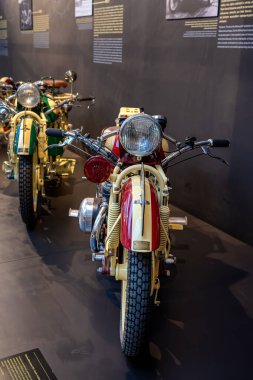 Prague, Czechia - October 14, 2025: Exhibition Bhmerland or Cechia. The longest motorcycle in the world. These exceptional machines, considered the longest motorcycles in the world, were created since 1925 under the leadership of designer A.Liebisch.