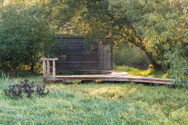 Tahta kuş, bataklık manzarasında yeşil çatılı saklanıyor.