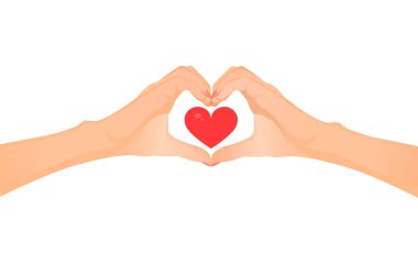 Eller beyaz arka planda kalp şeklinde. Kartpostal, sevgililer günü kartı, aşk, ilaç, koronavirüs için vektör düz illüstrasyon.