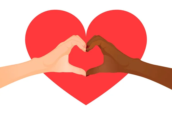 Mano Europea Afroamericana Hacen Una Señal Corazón Fondo Gran Corazón — Archivo Imágenes Vectoriales