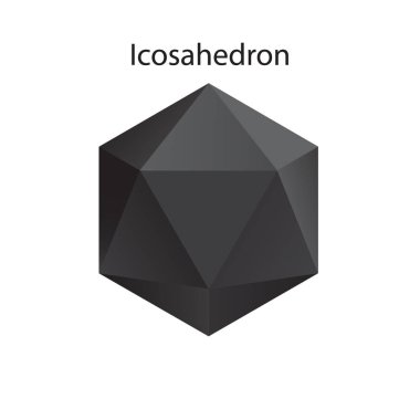 Beyaz zemin üzerinde oyun, simge, ambalaj tasarımı veya logo gradyanı olan siyah bir ikosahedronun vektör çizimi. Platonik katı.