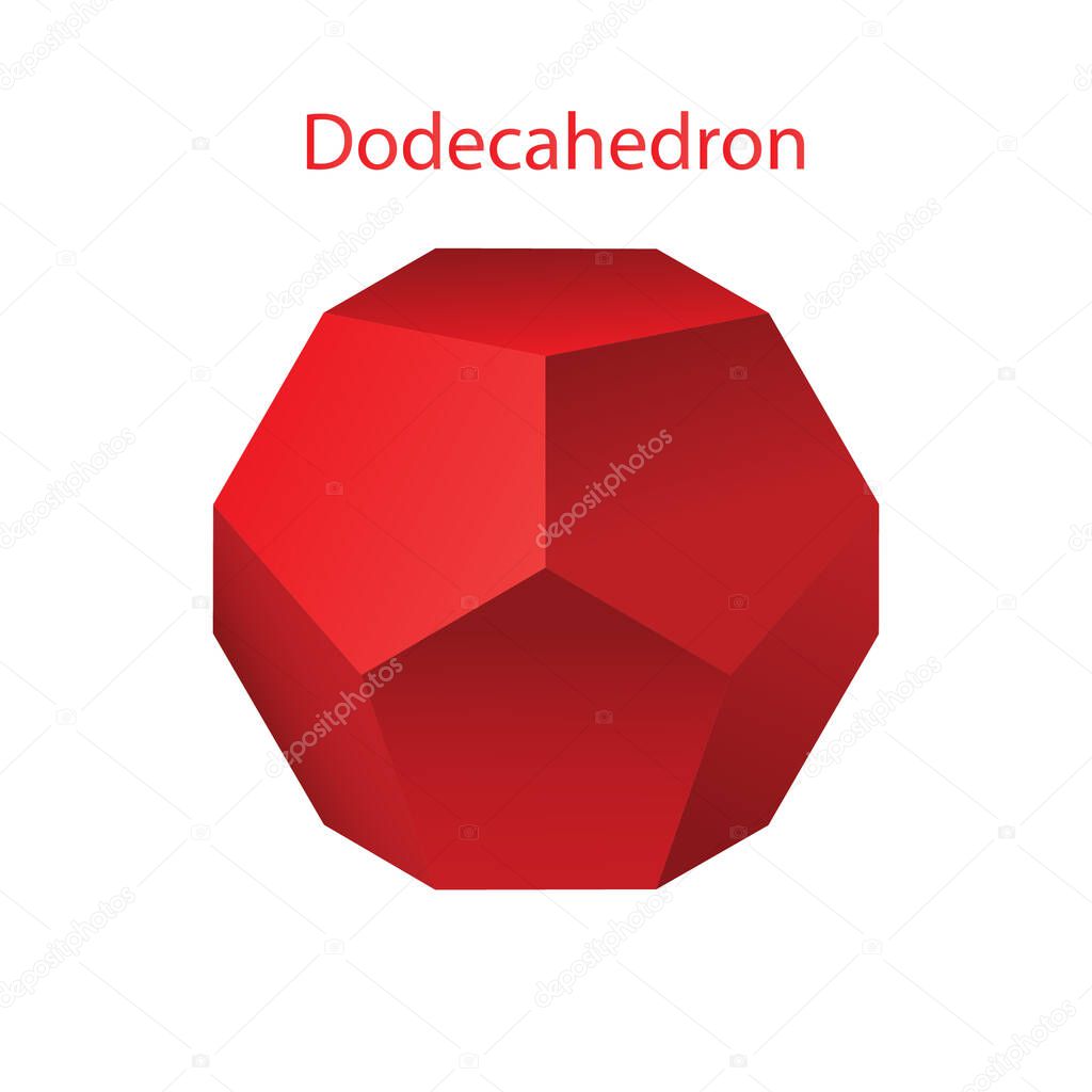 Vector illustration of a red dodecahedron on a white background with a gradient for games, icons, packaging designs or logo. Platonic solid.