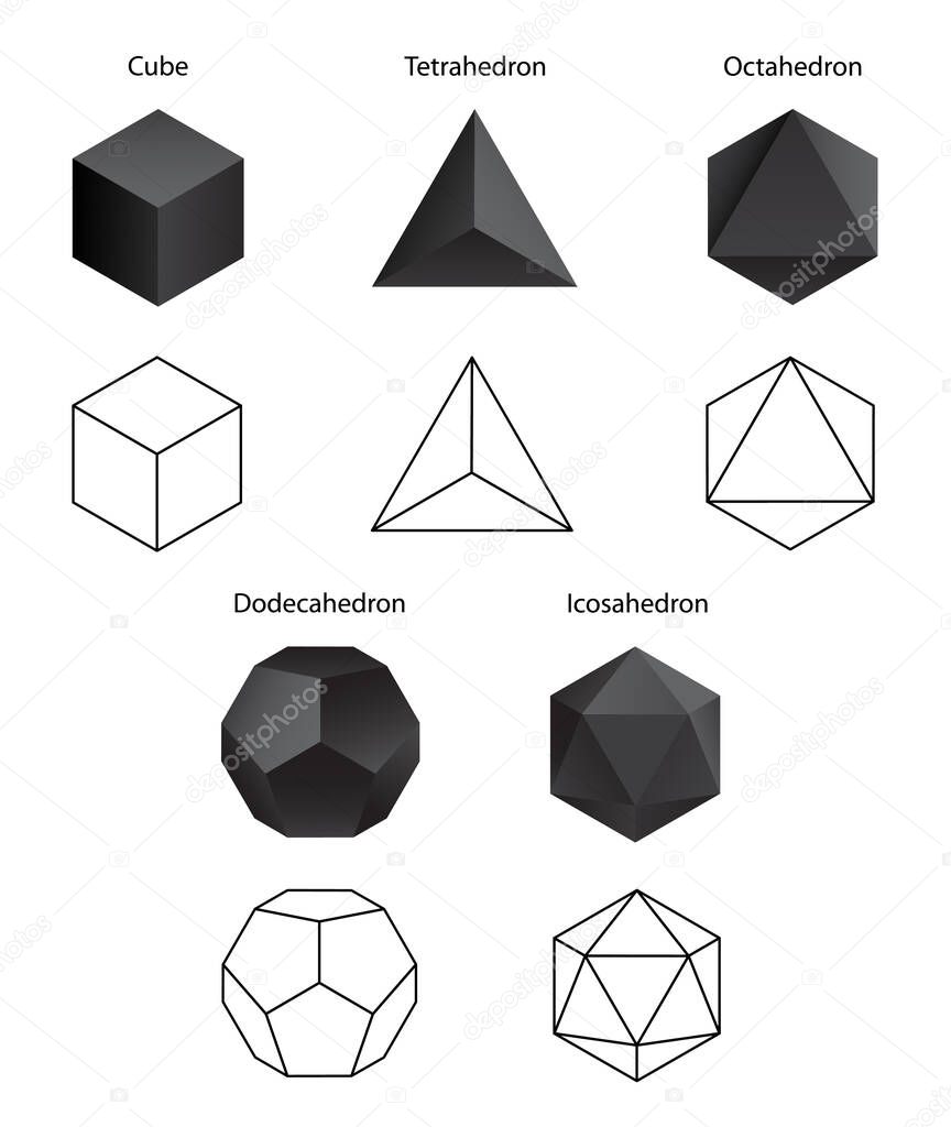 Set Vector editable stroke platonic solids on white background.