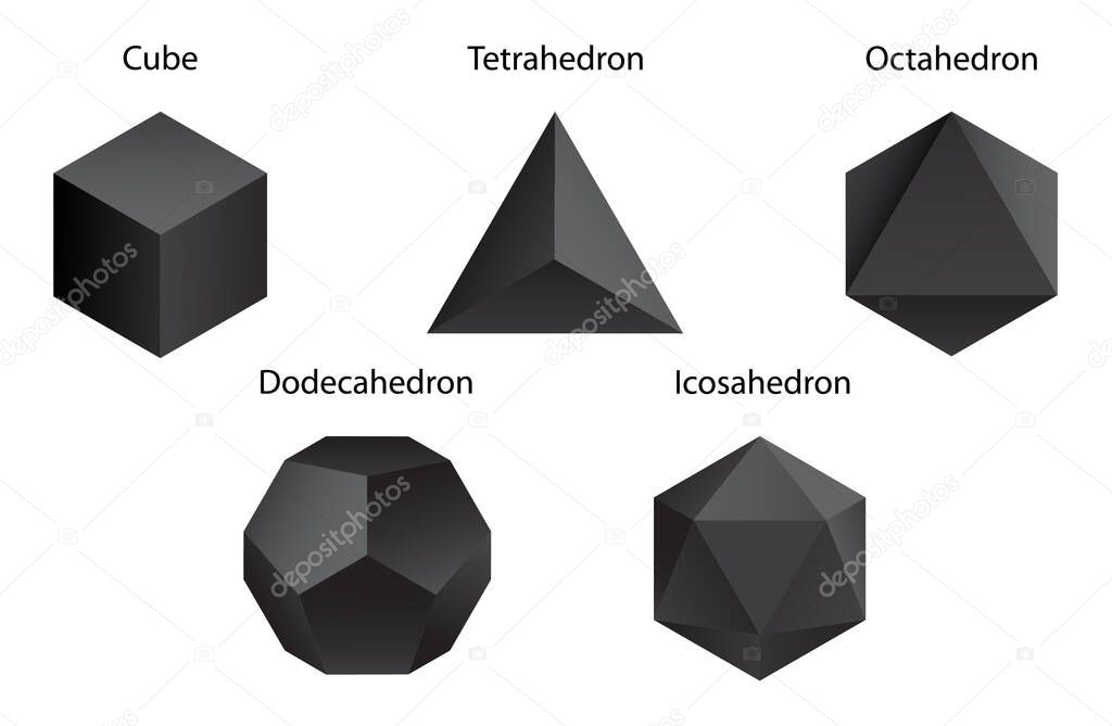 Set Vector editable stroke platonic solids on white background.