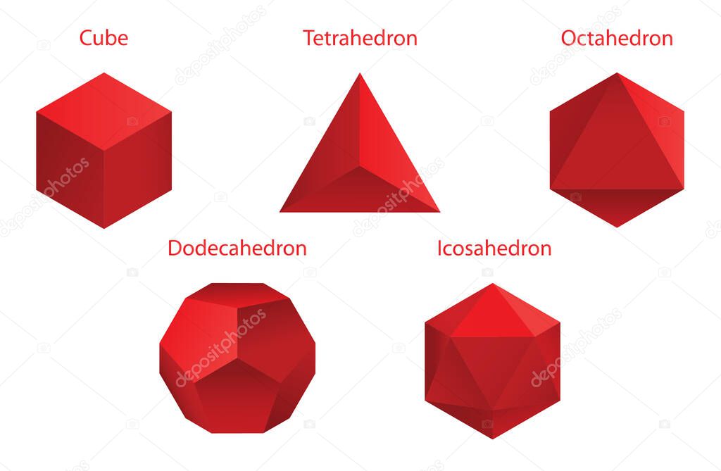 Set Vector editable stroke platonic solids on white background.
