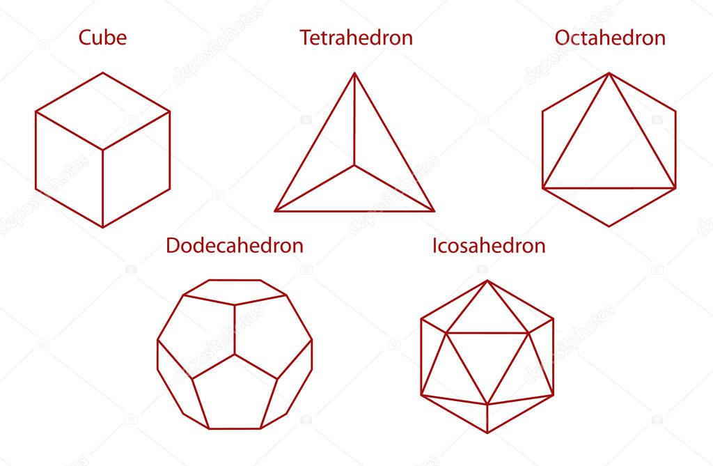 Set Vector editable stroke platonic solids on white background.