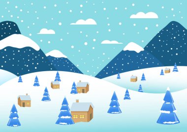 Dağlarla, karla kaplı ağaçlarla, orman evleriyle dolu bir kış manzarası. Noel kartı için vektör çizimi. Dağlarda soğuk güneşli bir gün.