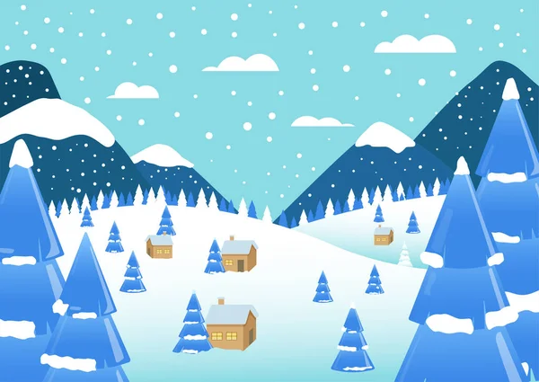 Иллюстрация Зимнего Пейзажа Горами Заснеженными Деревьями Лесными Домами Векторная Иллюстрация — стоковый вектор