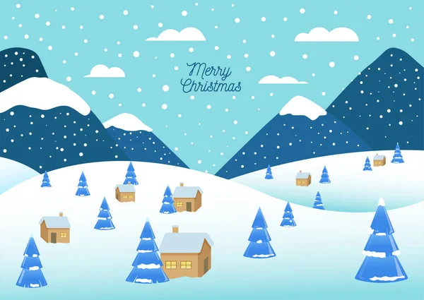 Иллюстрация Зимнего Пейзажа Горами Заснеженными Деревьями Лесными Домами Векторная Иллюстрация — стоковый вектор