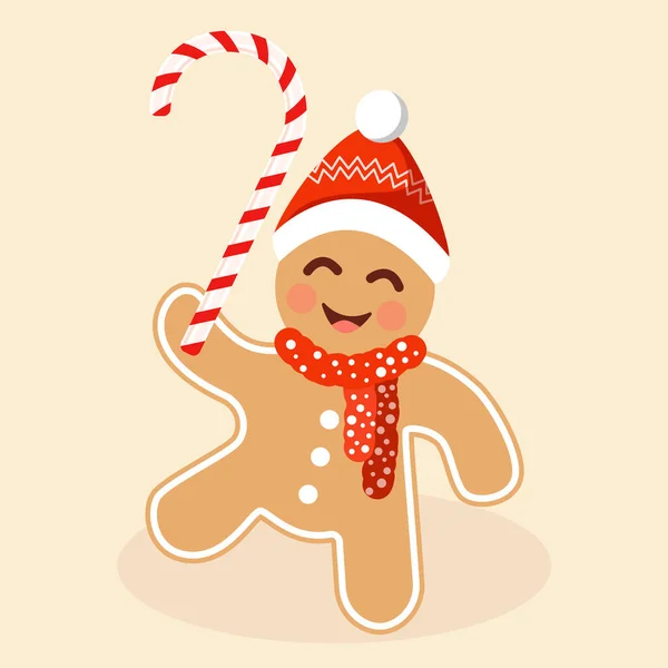 Winter Christmas New Year Gingerbread Man Red Hat Lollipop Cane - Stok Vektor