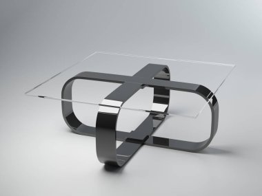 Cam kapaklı kare masa ve krom renkli metal bacaklar. Üç boyutlu modelleme ve gri arka planda bir sehpa görselleştirme. 3B görüntüleme